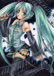 Rule 34 | 1girl, aoi yuuka (ao no kokoro), detached sleeves, green eyes, green hair, hatsune miku, long hair, matching hair/eyes, microphone, necktie, open mouth, skirt, solo, thighhighs, traditional media, twintails, very long hair, vocaloid