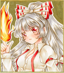 Rule 34 | 1girl, blush, bow, breasts, commentary request, finger gun, fire, fujiwara no mokou, graphite (medium), grey hair, hair between eyes, hair bow, highres, long sleeves, looking at viewer, marker (medium), nekofish666, open clothes, open mouth, open shirt, red eyes, shirt, small breasts, solo, suspenders, touhou, traditional media, v-shaped eyebrows, white shirt