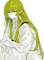 Rule 34 | 1other, androgynous, crossed arms, enkidu (fate), expressionless, fate/grand order, fate (series), green hair, hair between eyes, highres, kingu (fate), long hair, looking at viewer, nonobe9781, purple eyes, robe, simple background, solo, upper body, very long hair, white background, white robe