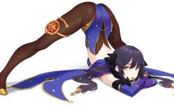 Rule 34 | 1girl, absurdres, aqua eyes, arched back, ass, black gloves, black pantyhose, black ribbon, blue leotard, breasts, coin, coin in mouth, commentary request, detached sleeves, flexible, genshin impact, gloves, gold footwear, hair between eyes, hair ornament, hair ribbon, highres, jack-o&#039; challenge, leotard, leviathan (hikinito0902), long hair, looking at viewer, meme, mona (genshin impact), mora (genshin impact), mouth hold, no headwear, pantyhose, ribbon, simple background, small breasts, solo, sparkle print, spread legs, thighlet, top-down bottom-up, white background