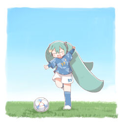Rule 34 | 1girl, 39, ball, blue hair, blue shirt, blue sky, blue socks, blush stickers, border, cat hair ornament, closed eyes, commentary request, facing viewer, field, full body, hair ornament, hatsune miku, kicking, layered sleeves, long hair, long sleeves, open mouth, outdoors, outline, outstretched arms, shirt, short over long sleeves, short sleeves, shorts, sky, smile, soccer, soccer ball, soccer uniform, socks, solo, sportswear, spread arms, standing, standing on one leg, t705gp, twintails, v-shaped eyebrows, very long hair, vocaloid, white border, white outline, white shorts