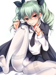 Rule 34 | 10s, 1girl, :p, anchovy (girls und panzer), black cape, black necktie, black skirt, blush, breasts, cameltoe, cape, clothes lift, collared shirt, dress shirt, drill hair, eyebrows, girls und panzer, green hair, hair between eyes, hair ribbon, highres, holding, long hair, long sleeves, looking at viewer, miniskirt, naughty face, necktie, no shoes, pantyhose, pleated skirt, red eyes, ribbon, riding crop, shirt, silly (marinkomoe), simple background, sitting, skin tight, skirt, skirt lift, small breasts, soles, solo, spread legs, thighband pantyhose, toes, tongue, tongue out, twin drills, twintails, white background, white pantyhose, white shirt