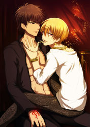 Rule 34 | 2boys, bad id, bad pixiv id, blonde hair, brown eyes, brown hair, command spell, cross, cross necklace, earrings, fate/stay night, fate/zero, fate (series), gilgamesh (fate), jewelry, kotomine kirei, looking at viewer, male focus, multiple boys, muscular, necklace, official alternate costume, open clothes, open shirt, red eyes, shirt, short hair, sitting, sitting on lap, sitting on person, snakeskin, snakeskin print, uka (color noise), yaoi