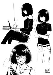 Rule 34 | 1girl, aliasing, artist name, belt, blush, bra strap, breath, coffee cup, commentary, computer, cropped legs, crossed arms, cup, desyana laurentia, disposable cup, earrings, embarrassed, english commentary, glasses, highres, indoors, jewelry, laptop, looking at viewer, midriff peek, monochrome, norman maggot, nose blush, original, pants, pendant, shirt, short hair, sitting, solo, standing, t-shirt, typing, undressing