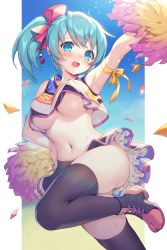 Rule 34 | 1girl, absurdres, aqua eyes, aqua hair, areola slip, arm ribbon, arm up, ass, bad id, bad pixiv id, black thighhighs, blush, border, bow, breasts, commission, crop top, d:, day, embarrassed, foot out of frame, gluteal fold, gomashio ponz, gradient background, hair bow, hand on own hip, highres, holding, holding pom poms, large breasts, long hair, looking at viewer, miniskirt, open mouth, original, outstretched arm, petticoat, pillarboxed, pink bow, pink footwear, pom pom (cheerleading), pom poms, ribbon, shoes, side ponytail, skeb commission, skirt, sky, sneakers, solo, thighhighs, underboob, white border, yellow ribbon