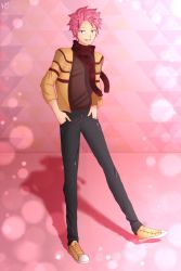 Rule 34 | 1boy, alternate costume, artist request, brown shirt, cardigan, cross-laced footwear, fairy tail, full body, hands in pockets, jeans, looking at viewer, male focus, natsu dragneel, pink hair, scarf, shoes, signature, solo, source request, standing, yellow footwear