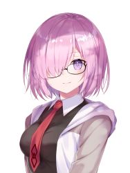 Rule 34 | absurdres, closed mouth, fate/grand order, fate (series), glasses, hair over one eye, highres, hood, hoodie, mash kyrielight, necktie, pink hair, purple eyes, red necktie, sada (sadahalu), simple background, smile, solo, white background