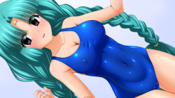 Rule 34 | 1girl, absurdres, braid, breasts, canal vorfeed, collarbone, commentary request, competition swimsuit, covered erect nipples, covered navel, facial mark, gradient background, green hair, grey background, highres, large breasts, long hair, looking at viewer, lost universe, one-piece swimsuit, purple eyes, sideways, solo, standing, sugimura tomokazu, swimsuit, twin braids