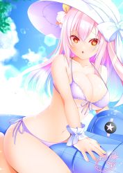 Rule 34 | 1girl, :o, absurdres, aircraft, azur lane, bare shoulders, bikini, blue sky, blush, breasts, brown eyes, cleavage, cloud, collarbone, commentary request, dated, day, front-tie bikini top, front-tie top, furrowed brow, hair between eyes, halterneck, hat, hat ribbon, highres, inflatable toy, large breasts, lens flare, light rays, long hair, looking at viewer, midriff, navel, official alternate costume, origami aya, pink hair, purple bikini, quincy (azur lane), quincy (sizzling summer brisk breeze) (azur lane), ribbon, side-tie bikini bottom, sidelocks, signature, sitting, sky, solo, sun hat, sunbeam, sunlight, swimsuit, underboob, vought os2u kingfisher, white ribbon, wrist cuffs