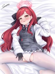 Rule 34 | 1girl, absurdres, blue archive, coat, dress, grey dress, hairband, halo, highres, long hair, lying, panties, pantyhose, red hair, red halo, solo, takane (blue archive), underwear, white coat, white panties, white pantyhose, yellow eyes, zhthktk