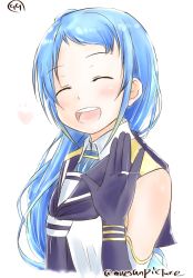 Rule 34 | 10s, 1girl, blue hair, blush, closed eyes, diffraction spikes, elbow gloves, gloves, hand up, heart, jewelry, kantai collection, long hair, mae (maesanpicture), numbered, open mouth, ring, samidare (kancolle), shirt, simple background, sleeveless, sleeveless shirt, solo, sparkle, swept bangs, twitter username, very long hair, wedding band