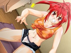 Rule 34 | angry, covered erect nipples, red eyes, red hair, short shorts, shorts, tank top, wet