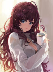 Rule 34 | 10s, 1girl, black bra, blue eyes, bra, breasts, buttons, cleavage, closed mouth, coffee, cup, dress shirt, eyelashes, ichinose shiki, idolmaster, idolmaster cinderella girls, large breasts, lips, lipstick mark, long hair, long sleeves, looking at viewer, modare, mug, pinky out, purple hair, shirt, smile, solo, unbuttoned, underwear, upper body, wavy hair, white shirt