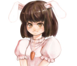 Rule 34 | 1girl, animal ears, brown hair, carrot necklace, female focus, fujisaki subaru, inaba tewi, jewelry, necklace, portrait, rabbit ears, short hair, solo, touhou, white background