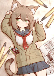 Rule 34 | 1girl, animal ear fluff, animal ears, blue sailor collar, blue skirt, blush, breasts, brown cardigan, brown hair, cardigan, closed mouth, commentary request, green eyes, highres, kareya, looking to the side, lying, medium breasts, neckerchief, on back, original, pleated skirt, red neckerchief, sailor collar, school uniform, serafuku, skirt, smile, solo, tail, thighs