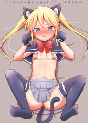 Rule 34 | 1girl, animal ear fluff, animal ears, bikini, black capelet, black gloves, black thighhighs, blonde hair, blue eyes, blush, bow, breasts, brown bikini, capelet, cat ears, cat girl, cat tail, closed mouth, commentary request, gloves, grey skirt, hands up, kemonomimi mode, kill me baby, long hair, lying, micro bikini, milestone celebration, muu rian, navel, no shoes, nose blush, on back, pleated skirt, red bow, skirt, small breasts, soles, solo, sonya (kill me baby), swimsuit, tail, thank you, thighhighs, twintails, v-shaped eyebrows, wavy mouth