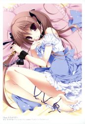Rule 34 | 1girl, absurdres, ankle lace-up, ankle ribbon, barefoot, bdsm, bed, bondage, bound, bound wrists, brown hair, chain, collar, cross-laced footwear, cuffs, dress, finger to own chin, frilled pillow, frills, hair ribbon, highres, ichinose himeki, imouto choukyou nikki, key, leg ribbon, lying, nanaka mai, on side, pillow, purple eyes, ribbon, scan, solo, twintails