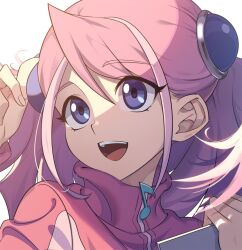 Rule 34 | 1girl, :d, blue eyes, hair between eyes, hiiragi yuzu, holding, long sleeves, looking to the side, musical note, open mouth, pink hair, pira 811, smile, solo, teeth, turtleneck, twintails, upper body, upper teeth only, white background, yu-gi-oh!, yu-gi-oh! arc-v