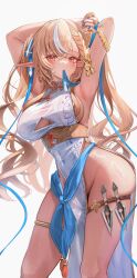 Rule 34 | 1girl, absurdres, alternate costume, armlet, armpits, arms behind head, arms up, blonde hair, blue nails, blue ribbon, blue sash, blush, braid, breasts, china dress, chinese clothes, chinese knot, cleavage, cleavage cutout, clothing cutout, contrapposto, covered navel, crossed bangs, dark-skinned female, dark skin, dragon ornament, dress, elf, gold trim, hair between eyes, hair ribbon, highres, hololive, holster, holstered, jewelry, kunai, large breasts, long hair, looking at viewer, maison de cante, mouth hold, multicolored hair, nail polish, no panties, pelvic curtain, pointy ears, red eyes, ribbon, sash, shiranui flare, sideboob, simple background, skindentation, sleeveless, sleeveless dress, solo, streaked hair, tassel, thigh holster, thigh strap, thighlet, thighs, toned female, twintails, very long hair, virtual youtuber, waist sash, weapon, white background, white dress, white hair