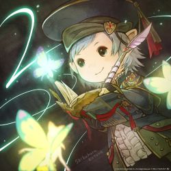 Rule 34 | 1boy, 3others, artist name, book, copyright notice, eos (ff14), fairy, final fantasy, final fantasy xiv, gloves, green eyes, grey hair, hat, highres, holding, holding book, lalafell, looking at another, multiple others, official art, pointy ears, quill, robe, scholar (final fantasy), selene (ff14), smile