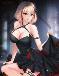 Rule 34 | armlet, azur lane, bare shoulders, black dress, black nails, breasts, cleavage, cocktail dress, cross, dress, evening gown, gigamessy, halter dress, halterneck, iron cross, large breasts, light brown hair, long dress, looking at viewer, multicolored hair, nail polish, official alternate costume, red dress, roon (azur lane), roon (dark red grin) (azur lane), sitting, skirt hold, sleeveless, sleeveless dress, solo, streaked hair, thighlet, two-tone dress, two-tone hair, yellow eyes