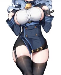 Rule 34 | 1girl, ako (blue archive), bell, black gloves, black skirt, black thighhighs, blue archive, blue coat, blue hair, breasts, breasts out, coat, commentary request, cropped head, garter straps, gloves, hands up, head out of frame, large breasts, long sleeves, medium hair, miniskirt, neck bell, sakura yuki (clochette), shirt, sideboob, sideless shirt, simple background, skindentation, skirt, solo, thighhighs, white background, white shirt