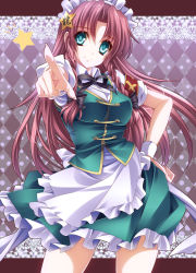 Rule 34 | 1girl, alternate costume, apron, argyle, argyle background, argyle clothes, blue eyes, braid, brown hair, enmaided, female focus, hand on own hip, hat, highres, hip focus, hong meiling, long hair, maid, maid apron, maid headdress, monety, outstretched arm, red hair, solo, star (symbol), touhou, twin braids, waist apron