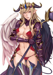 Rule 34 | 1girl, armor, asymmetrical wings, bikini armor, blonde hair, breasts, cleavage, crown, demon girl, demon tail, gauntlets, horns, kurowa, large breasts, lilith (p&amp;d), long hair, multicolored wings, navel, panties, pauldrons, pointy ears, puzzle &amp; dragons, red eyes, revealing clothes, shoulder armor, solo, staff, string panties, tail, thigh gap, thighhighs, underwear, weapon, wings