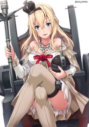 Rule 34 | 10s, 1girl, :d, bare shoulders, blonde hair, blue eyes, braid, breasts, cleavage, collarbone, commentary, crossed legs, crown, dress, eyebrows, french braid, hair between eyes, hairband, jewelry, kantai collection, large breasts, long hair, mini crown, necklace, off shoulder, open mouth, sakiyamama, simple background, sitting, smile, solo, thighhighs, twitter username, warspite (kancolle), white background