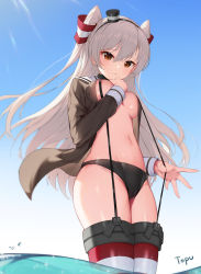 Rule 34 | 1girl, amatsukaze (kancolle), bikini, bikini bottom only, black bikini, black panties, breasts, brown eyes, cameltoe, choker, closed mouth, day, frown, grey hair, grey shirt, groin, hair between eyes, hair tubes, hairband, hand up, hat, highres, kantai collection, long hair, long sleeves, looking at viewer, medium breasts, mini hat, navel, no bra, no pants, open clothes, open shirt, outdoors, panties, shirt, solo, stomach, striped clothes, striped thighhighs, sunlight, suspenders, swimsuit, thighhighs, thighs, topu, two side up, underwear, wading, water