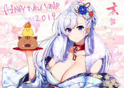 Rule 34 | 1girl, 2019, azur lane, belfast (azur lane), blue eyes, blue hair, breasts, chain, cleavage, collar, collarbone, commentary request, flower, fur-trimmed kimono, fur trim, hair flower, hair ornament, happy new year, highres, holding, holding plate, japanese clothes, kimono, large breasts, long hair, new year, off shoulder, plate, raiou, smile, solo