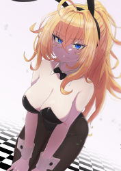Rule 34 | 1girl, absurdres, ahoge, animal ears, black leotard, black pantyhose, blonde hair, blue eyes, blurry, blurry background, blush, bokeh, bow, bowtie, breasts, checkered background, checkered floor, depth of field, detached collar, eyes visible through hair, fake animal ears, fishnet pantyhose, fishnets, gradient background, hair between eyes, hands on thighs, highleg, highleg leotard, highres, jaguarsee, large breasts, leaning forward, leotard, messy hair, original, pantyhose, playboy bunny, ponytail, rabbit ears, side-tie leotard, sidelocks, solo, split mouth, strapless, strapless leotard, traditional bowtie, wavy mouth, white background, wrist cuffs
