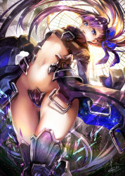 Rule 34 | 1girl, ahoge, backlighting, blue eyes, blue ribbon, breasts, cowboy shot, cropped jacket, crotch plate, diffraction spikes, eyelashes, fate/grand order, fate (series), fisheye, floating hair, from below, groin, hair between eyes, hair ribbon, high collar, highres, indoors, koruta (nekoimo), leaning back, leaning to the side, leg armor, light smile, long hair, long sleeves, looking at viewer, meltryllis (fate), navel, parted lips, purple hair, revealing clothes, ribbon, shards, signature, small breasts, solo, sparkle, sun, thigh gap, underboob, upshirt, very long hair
