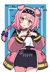 Rule 34 | 1girl, absurdres, animal ears, arknights, black choker, black skirt, blue background, blush, border, cat ears, cat girl, choker, dot nose, flying sweatdrops, goldenglow (arknights), head tilt, hendra, high-waist skirt, highres, index fingers together, inset border, jacket, legs together, long hair, looking at viewer, low-braided long hair, low-tied long hair, open clothes, open jacket, pink hair, pink jacket, pleated skirt, shirt, shirt tucked in, signature, simple background, skirt, solo, sweat, thigh gap, white border, white shirt, yellow eyes