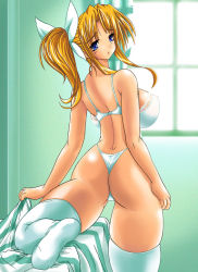 Rule 34 | ass, back, bad anatomy, bed, bed sheet, blonde hair, blue eyes, bow, bra, breasts, cameltoe, huge ass, large breasts, lingerie, miyauchi lemmy, panties, solo, sunlight, thick thighs, thighhighs, thighs, thong, to heart, to heart (series), underwear, white bra, white panties, window