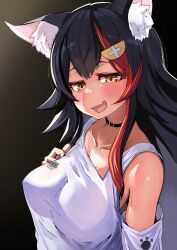 Rule 34 | 1girl, animal ear fluff, animal ears, black choker, black hair, blush, breasts, choker, clothing cutout, collarbone, fang, hair between eyes, hair ornament, hairclip, highres, hololive, kajimakoto, large breasts, long hair, looking at viewer, multicolored hair, official alternate costume, ookami mio, ookami mio (casual), open mouth, red hair, shirt, shoulder cutout, skin fang, smile, solo, streaked hair, tail, virtual youtuber, white shirt, wolf ears, wolf girl, wolf tail