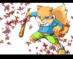 Rule 34 | 1boy, baseball bat, blue eyes, conker, conker&#039;s bad fur day, leaf, letterboxed, male focus, maple leaf, plant, rareware, shorts, simple background, smile, solo, sweater, white background