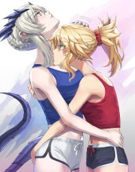 Rule 34 | 2girls, artoria pendragon (fate), artoria pendragon (lancer alter) (fate), bare shoulders, black shorts, blonde hair, blue tank top, blush, braid, breasts, choker, commentary, dolphin shorts, fate/apocrypha, fate/grand order, fate (series), green eyes, grey hair, hand on another&#039;s head, headpat, highres, horns, hug, large breasts, long hair, mordred (fate), mordred (fate/apocrypha), mother and daughter, multiple girls, parted bangs, ponytail, red tank top, scrunchie, short shorts, shorts, sidelocks, small breasts, tail, tank top, tonee, white shorts, wrist scrunchie, yellow eyes, yuri
