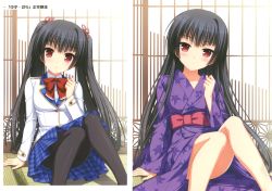 Rule 34 | 1girl, absurdres, arm support, black hair, blue skirt, blush, bow, bowtie, collarbone, hair ribbon, head tilt, highres, indoors, japanese clothes, kimono, long hair, looking at viewer, masamune shizuru, multiple views, noble works, pantyhose, parted lips, pleated skirt, purple kimono, red bow, red eyes, red ribbon, ribbon, sayori (neko works), sitting, skirt, twintails, variations, very long hair, yukata