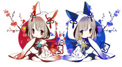 Rule 34 | 2girls, animal ears, black bow, blue flower, blush, bow, brown bow, brown eyes, brown hair, rabbit ears, chibi, closed mouth, commentary request, ears through headwear, flower, hood, hood up, japanese clothes, kimono, long hair, long sleeves, looking at viewer, multiple girls, obi, original, red eyes, red flower, sash, siblings, sleeves past fingers, sleeves past wrists, smile, branch, twins, white background, white kimono, wide sleeves, yuzuyomogi
