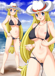 Rule 34 | 1girl, arcade gamer fubuki, beach, bikini, blonde hair, blue eyes, blush, breasts, censored, cleavage, covered erect nipples, female pubic hair, happy, hat, highres, large breasts, long hair, looking at viewer, melody honey, nipples, open mouth, outdoors, pubic hair, pussy, small areolae, small nipples, smile, solo, swimsuit, very long hair