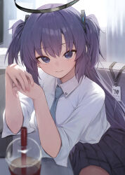 Rule 34 | 1girl, absurdres, aqua necktie, black skirt, blue archive, blush, breasts, collared shirt, cup, disposable cup, gnns, halo, highres, indoors, lanyard, looking at viewer, medium breasts, necktie, own hands together, pleated skirt, purple eyes, purple hair, shirt, shirt tucked in, skirt, smile, solo, two side up, white shirt, yuuka (blue archive)