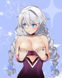 Rule 34 | 1girl, 3:, absurdres, ahoge, bad id, bad pixiv id, bare shoulders, blue background, blue eyes, blush, bracelet, braid, breasts, choker, cleavage, closed mouth, clothes writing, collarbone, commentary, frown, gimnang, hair between eyes, highres, honkai (series), honkai impact 3rd, jewelry, kiana kaslana, kiana kaslana (valkyrie ranger), long hair, looking away, looking to the side, medium breasts, purple choker, silver hair, solo, star (symbol), strapless, twin braids, undressing, upper body