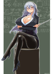 Rule 34 | 1girl, alternate breast size, alternate costume, bespectacled, black hairband, black jacket, black pantyhose, black ribbon, black skirt, blazer, blush, breasts, brown-framed eyewear, cleavage, collared shirt, commentary request, dated, frilled hairband, frills, full body, glasses, grey footwear, grey hair, hair between eyes, hair ribbon, hairband, high heels, highres, holding, holding pointer, huge breasts, itini-sanshi, jacket, long hair, long sleeves, looking at viewer, math, medium bangs, one-hour drawing challenge, open mouth, pantyhose, pencil skirt, podium, pointer, rectangular eyewear, red eyes, ribbon, rozen maiden, semi-rimless eyewear, shirt, skirt, solo, suigintou, teacher, under-rim eyewear, very long hair, white shirt