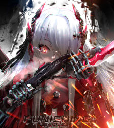 Rule 34 | absurdres, eye trail, glowing, glowing eyes, hair ornament, hair over one eye, highres, holding, holding sword, holding weapon, kyatto-mikazu, light trail, long hair, looking at viewer, lucia: crimson abyss (punishing: gray raven), mechanical arms, one eye covered, punishing: gray raven, red eyes, scarf, sparks, steam from mouth, sword, watermark, weapon, white hair