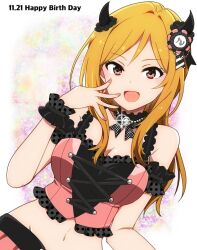 Rule 34 | 1girl, arm guards, black choker, blonde hair, blush, breasts, choker, cleavage, cropped jacket, demon horns, dot nose, fake horns, hair ornament, hand to own mouth, happy birthday, horns, idolmaster, idolmaster million live!, idolmaster million live! theater days, jacket, kidachi, long hair, looking at viewer, medium breasts, midriff, momose rio, multicolored background, navel, open mouth, orange nails, pendant choker, pink jacket, pink skirt, scrunchie, skirt, smile, solo