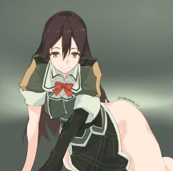 Rule 34 | 1girl, ass, bad id, bad twitter id, brown eyes, brown hair, chikuma (kancolle), dress, gloves, gradient background, grey background, kantai collection, long hair, military, military uniform, no panties, one-hour drawing challenge, pelvic curtain, single glove, smile, solo, uniform, yamaioni (sasakama)