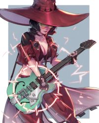 Rule 34 | blonde hair, electric guitar, fingerless gloves, gloves, guilty gear, guilty gear strive, guitar, hat, i-no, instrument, jacket, looking at viewer, midriff, rattlepool, red hat, red jacket, short hair, solo, sunglasses, venus symbol, witch hat