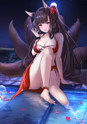 Rule 34 | 1girl, absurdres, akagi (azur lane), akagi (paradise amaryllis) (azur lane), animal ear fluff, animal ears, anklet, azur lane, banister, bare legs, bare shoulders, bell, bikini, blunt bangs, breasts, brown hair, brown tail, building, city lights, cityscape, cleavage, commentary, empty eyes, english commentary, eyebrows, flower, fox ears, fox tail, glass, gluteal fold, guard rail, hair flower, hair ornament, hand on floor, hand up, handrail, head tilt, highres, in water, jewelry, kitsune, knee up, kyuubi, large breasts, leaning, leaning back, lemontea (ekvr5838), long hair, looking at viewer, moon, moonlight, multiple tails, night, night sky, official alternate costume, open mouth, petals, petals on liquid, ponytail, pool, railing, red bikini, red eyes, rooftop, sarong, scrunchie, sidelocks, sitting, sky, skyscraper, smile, star (sky), swimsuit, tail, thighs, toes, toes up, very long hair, wrist scrunchie
