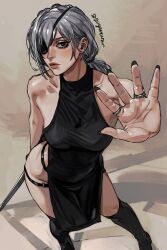 Rule 34 | 1girl, 2023, black dress, black footwear, chainsaw man, dress, eyepatch, grey hair, hand on screen, highres, holding, holding sword, holding weapon, jewelry, looking at viewer, multiple rings, quanxi (chainsaw man), ring, sword, weapon, zu yuan cesar